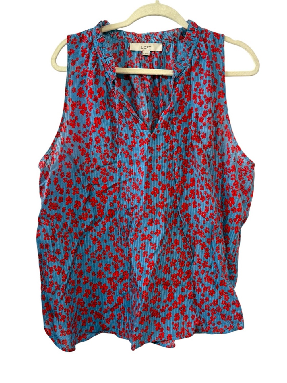 LOFT XL Red Blue Floral Sleeveless Ruffle Neck Blouse Relaxed Boho Top